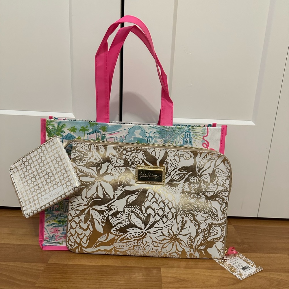 Lilly Pulitzer Tech Pouch Set- Gold Metallic Safari Sangria